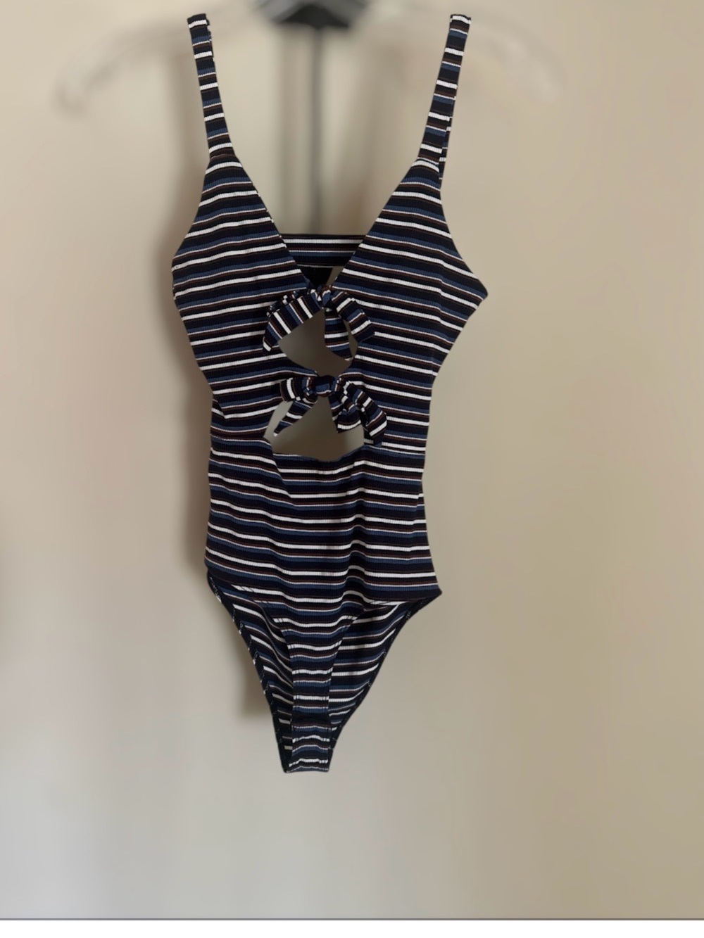 Olivaceous Navy and White Striped Cutout Knot-Front Bodysuit